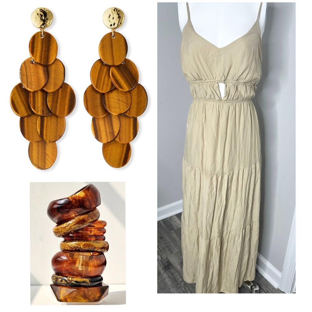 AND NOW THIS TAN MAXI GRECIAN DRESS- 1XL - PRELOVED